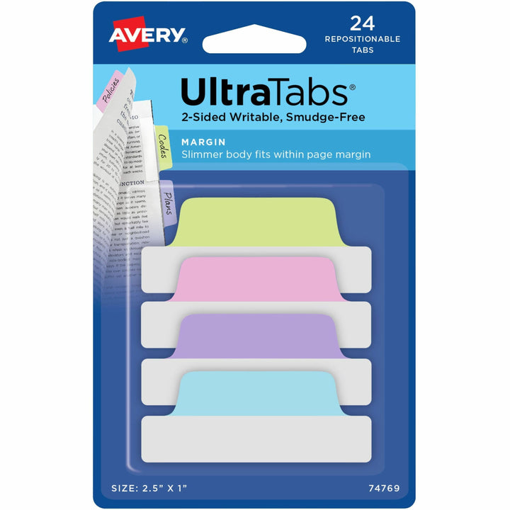 Image of Avery® Ultra Margin Tabs, 2-1/2"x1", 24/PK, 72PK/CT, Pastel AST