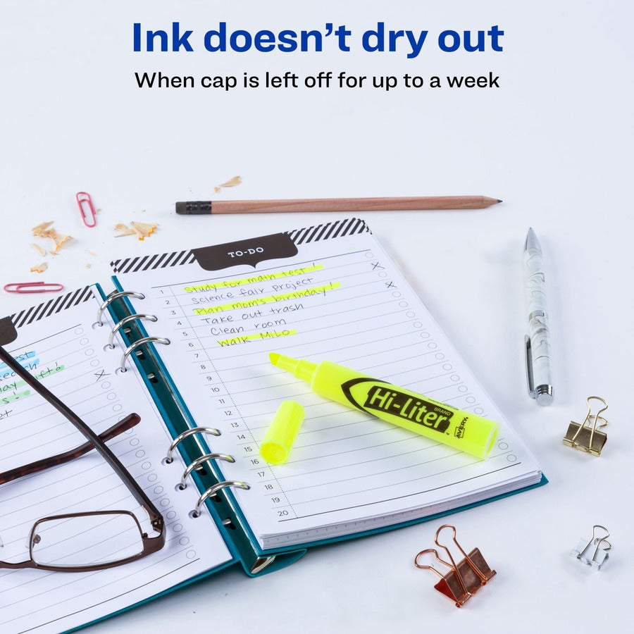 Image of Avery® Hi-Liter 24130 Desk-Style Highlighters Value Pack, Fluorescent Yellow Ink, Water Based, School, Document, Home, Office, Planner, 200 / Carton