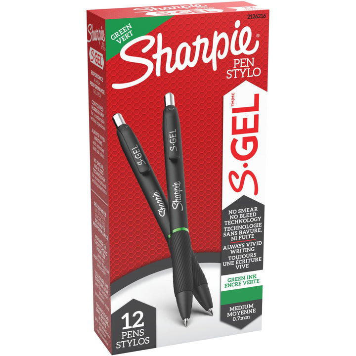 Image of Sharpie® S-Gel S-Gel High-Performance Gel Pen, Retractable, Medium 0.7 Mm, Green Ink, Black Barrel, Dozen