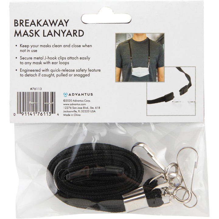 Image of Advantus 76113 Face Mask Lanyard, Adjustable, J-Hook Attachment, 30" Length, Black, 10 / Pack