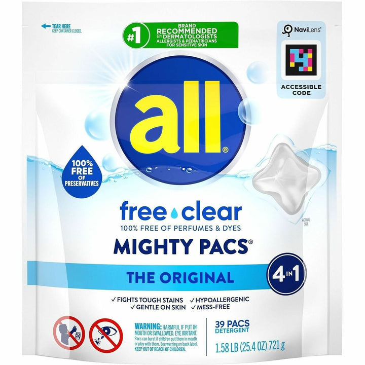 Image of all 73978 All Free Clear Mightypacs Laundry Pods, No-mess, Easy to Use, Clear, 39 / Pack
