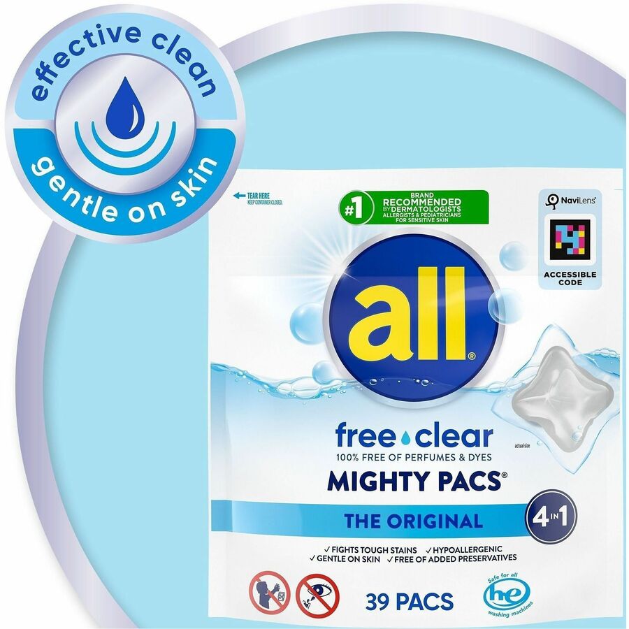 Image of all 73978 All Free Clear Mightypacs Laundry Pods, No-mess, Easy to Use, Clear, 39 / Pack