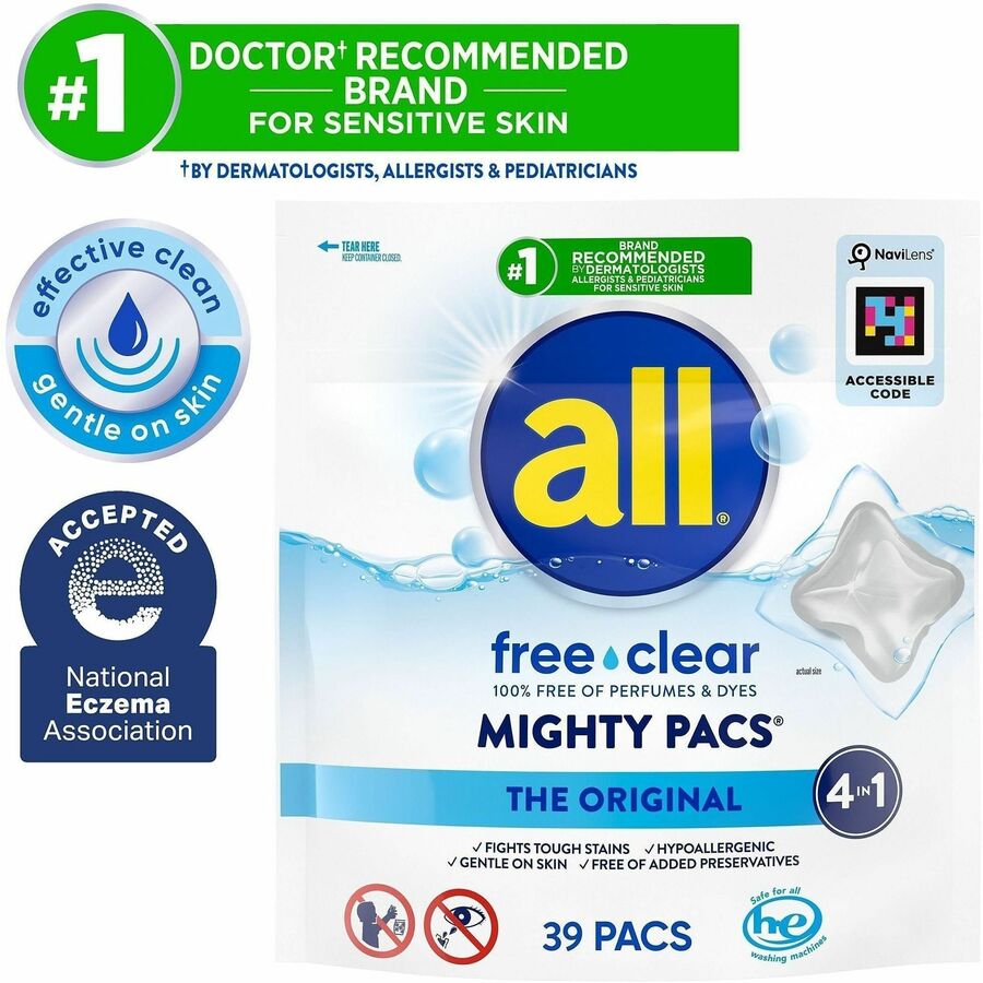 Image of all 73978 All Free Clear Mightypacs Laundry Pods, No-mess, Easy to Use, Clear, 39 / Pack