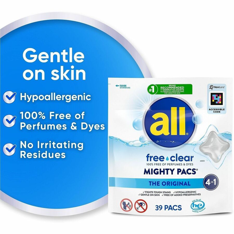 Image of all 73978 All Free Clear Mightypacs Laundry Pods, No-mess, Easy to Use, Clear, 39 / Pack