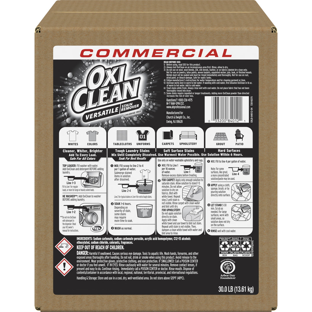 Image of OxiClean 3320084012 Versatile Stain Remover, 480 oz (30 lb), Versatile, Chlorine-free, Color Safe, White, 1 Each