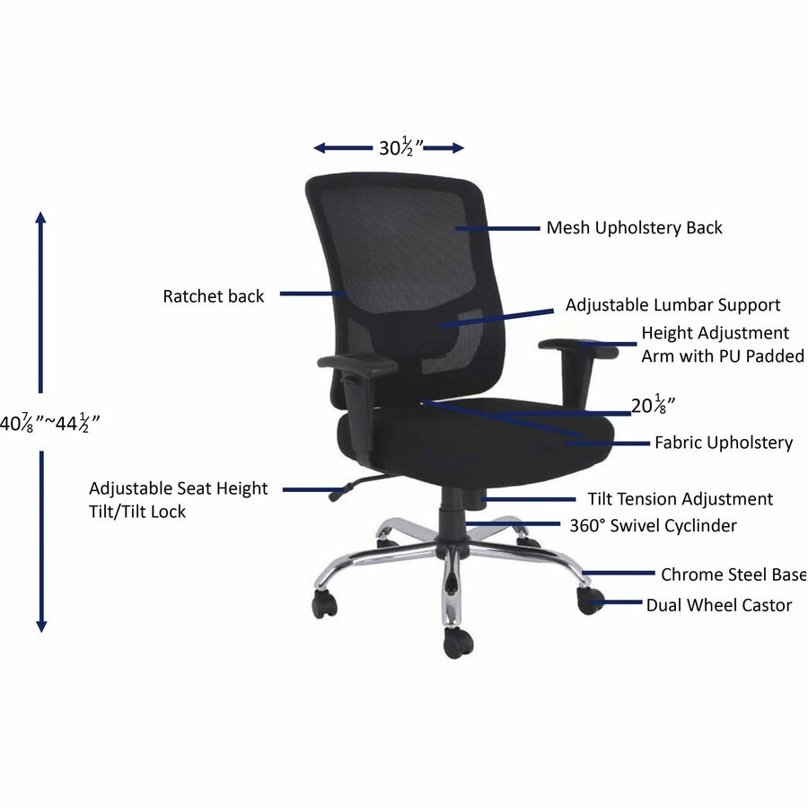 Image of Lorell 62625 Big & Tall Mesh High-Back Task Chair, Fabric Seat Material, Mid Back, 5-star Base, Black, 1 Each