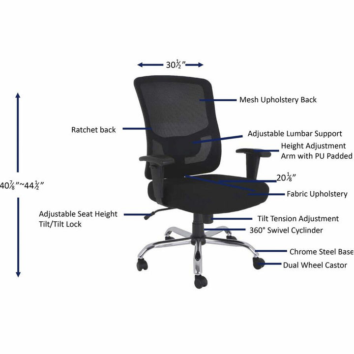 Image of Lorell 62625 Big & Tall Mesh High-Back Task Chair, Fabric Seat Material, Mid Back, 5-star Base, Black, 1 Each