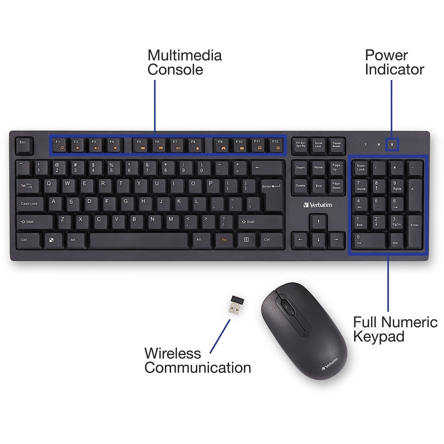 Image of Verbatim® Keyboard/Mouse, Wireless, w/Nano Receiver, Hot Keys, BK