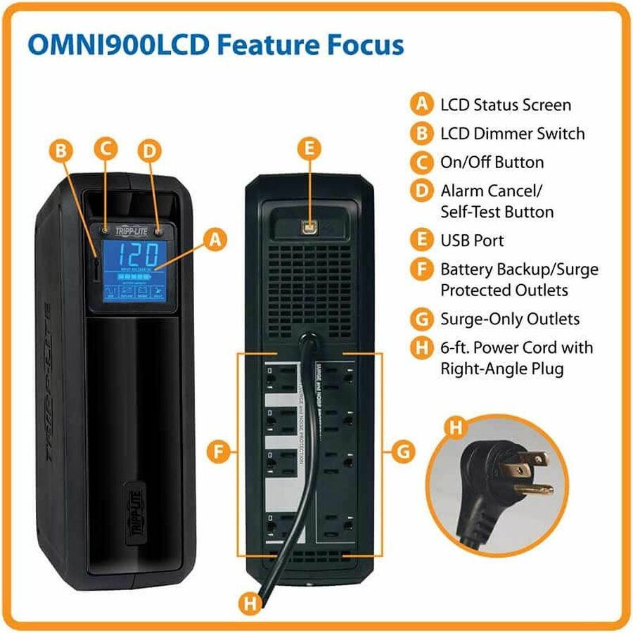 Image of Tripp Lite by Eaton OmniSmart LCD Line-Interactive UPS Tower, 8 Outlets, 900 VA, 870 J