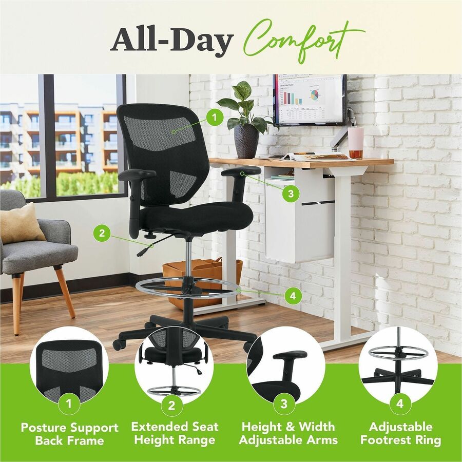 Image of HON® Prominent High-Back Task Stool, Supports Up To 250 Lb, 21" To 28.1" Seat Height, Black