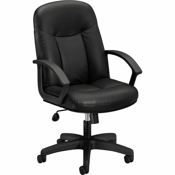 Image of HON® Hvl601 Series Executive High-Back Leather Chair, Supports Up To 250 Lb, 17.44" To 20.94" Seat Height, Black