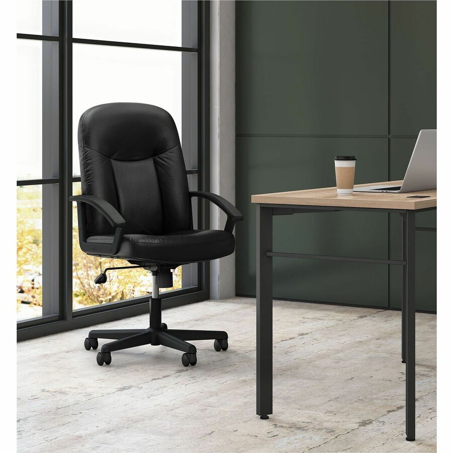 Image of HON® Hvl601 Series Executive High-Back Leather Chair, Supports Up To 250 Lb, 17.44" To 20.94" Seat Height, Black
