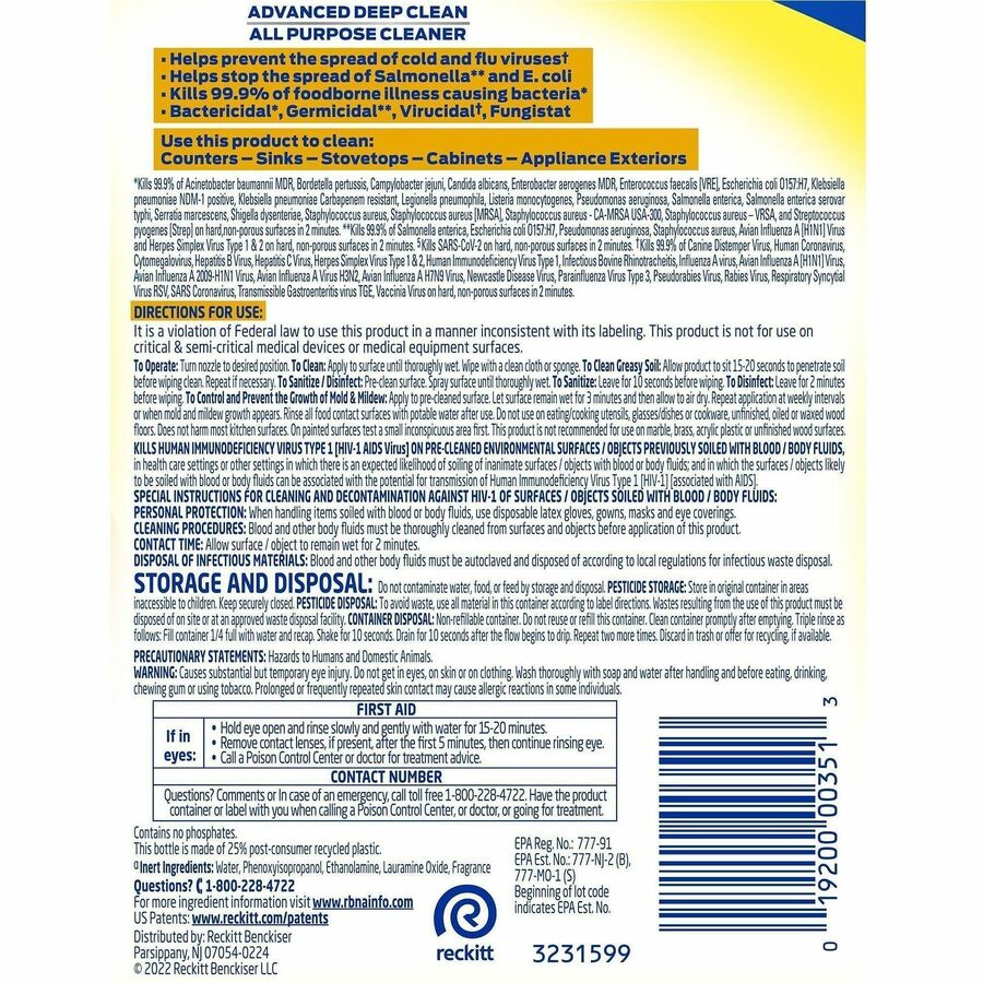 Image of Professional Lysol 00351 Advanced Deep Cleaner, 32 fl oz (1 quart), 32 oz (2 lb), Lemon Breeze Scent, Disinfectant, Clear Spray Bottle, 1 Each