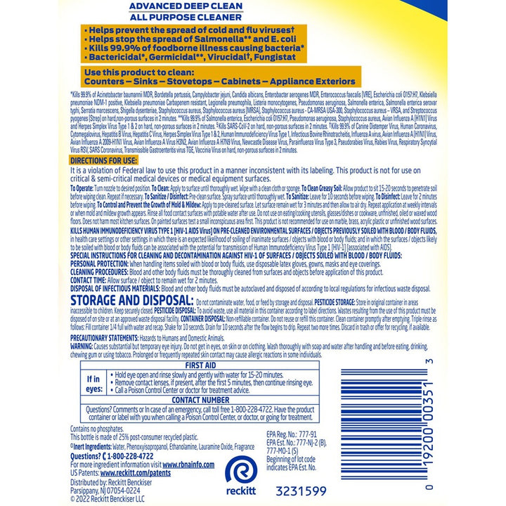 Image of Professional Lysol 00351 Advanced Deep Cleaner, 32 fl oz (1 quart), 32 oz (2 lb), Lemon Breeze Scent, Disinfectant, Clear Spray Bottle, 1 Each