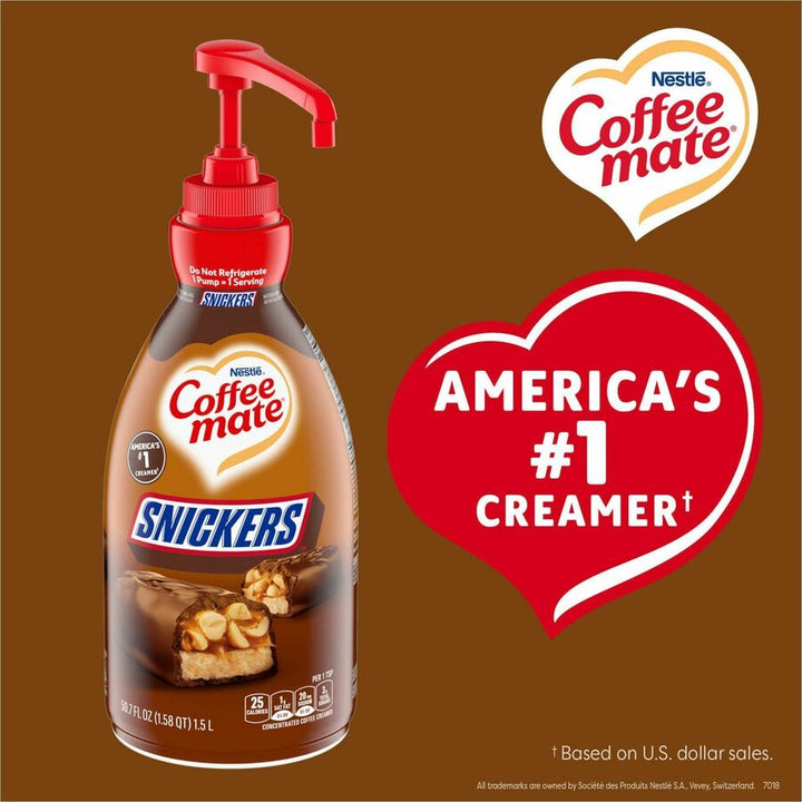 Image of Coffee mate 97955 Snickers Liquid Concentrate Coffee Creamer, Pump Bottle, Snicker Flavor, 50.70 fl oz (1.50 L)Bottle, 1 Each