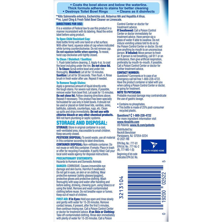 Image of Lysol 98012 Toilet Bowl Cleaner, 24 fl oz (0.8 quart), Atlantic Fresh Scent, Disinfectant, Blue Bottle, 1 Each