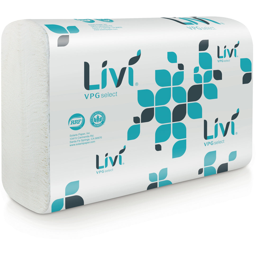 Image of Livi 43514 VPG Select Multifold Towel, 1 Ply, Multifold, 9.06" W x 9.45" Length, Emboss Pattern, White, Virgin Fiber, 250/Pack, 16 / Carton