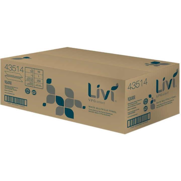 Image of Livi 43514 VPG Select Multifold Towel, 1 Ply, Multifold, 9.06" W x 9.45" Length, Emboss Pattern, White, Virgin Fiber, 250/Pack, 16 / Carton