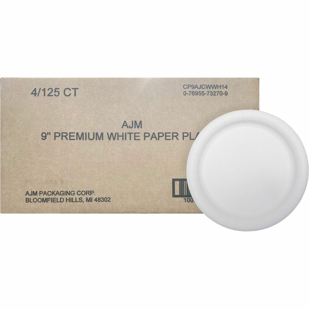 Image of AJM Packaging Plates, Coated Paper, Round, 9" Dia, 125/PK, White