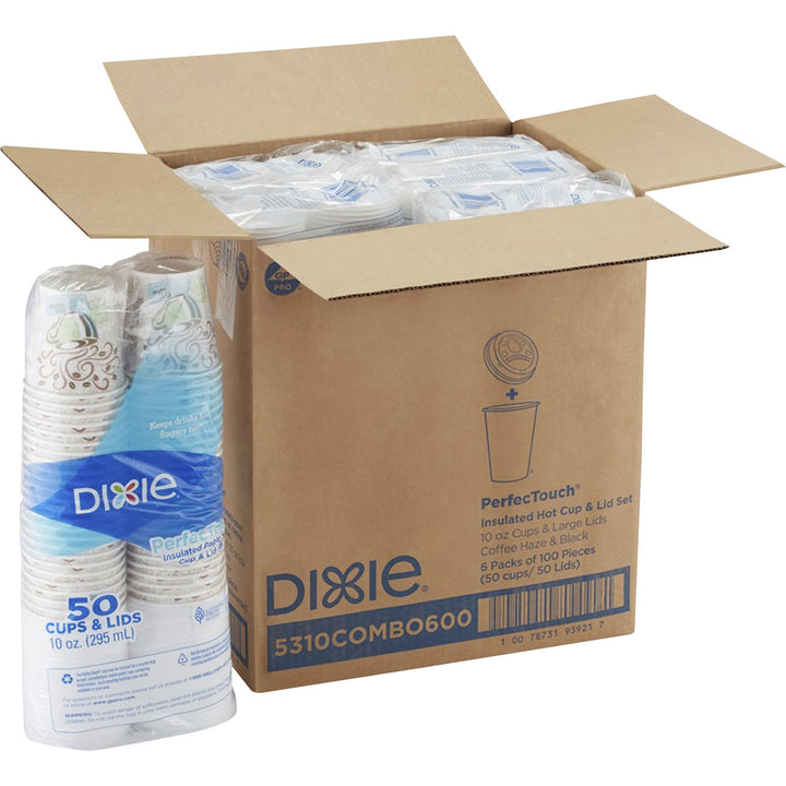Image of Dixie 5310COMBO6 PerfecTouch 10 oz Hot Coffee Cup and Lid Sets by GP Pro, 50 / Pack, White, Coffee, Hot Drink, Beverage