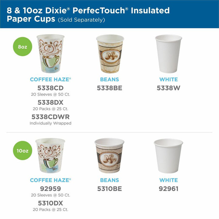 Image of Dixie 5310COMBO6 PerfecTouch 10 oz Hot Coffee Cup and Lid Sets by GP Pro, 50 / Pack, White, Coffee, Hot Drink, Beverage