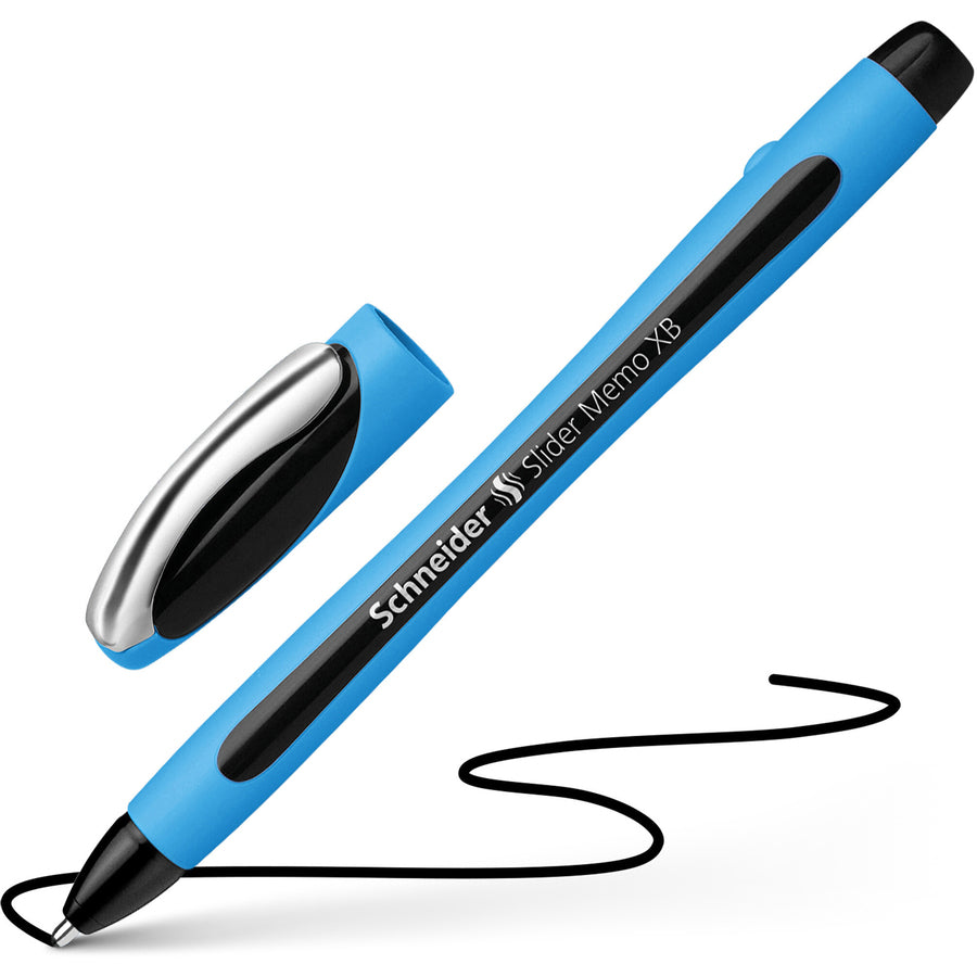 Image of Schneider® Slider Memo XB Ballpoint Pen, Stick, Extra-Bold 1.4 mm, Black Ink, Black/Light Blue Barrel, 10/Box