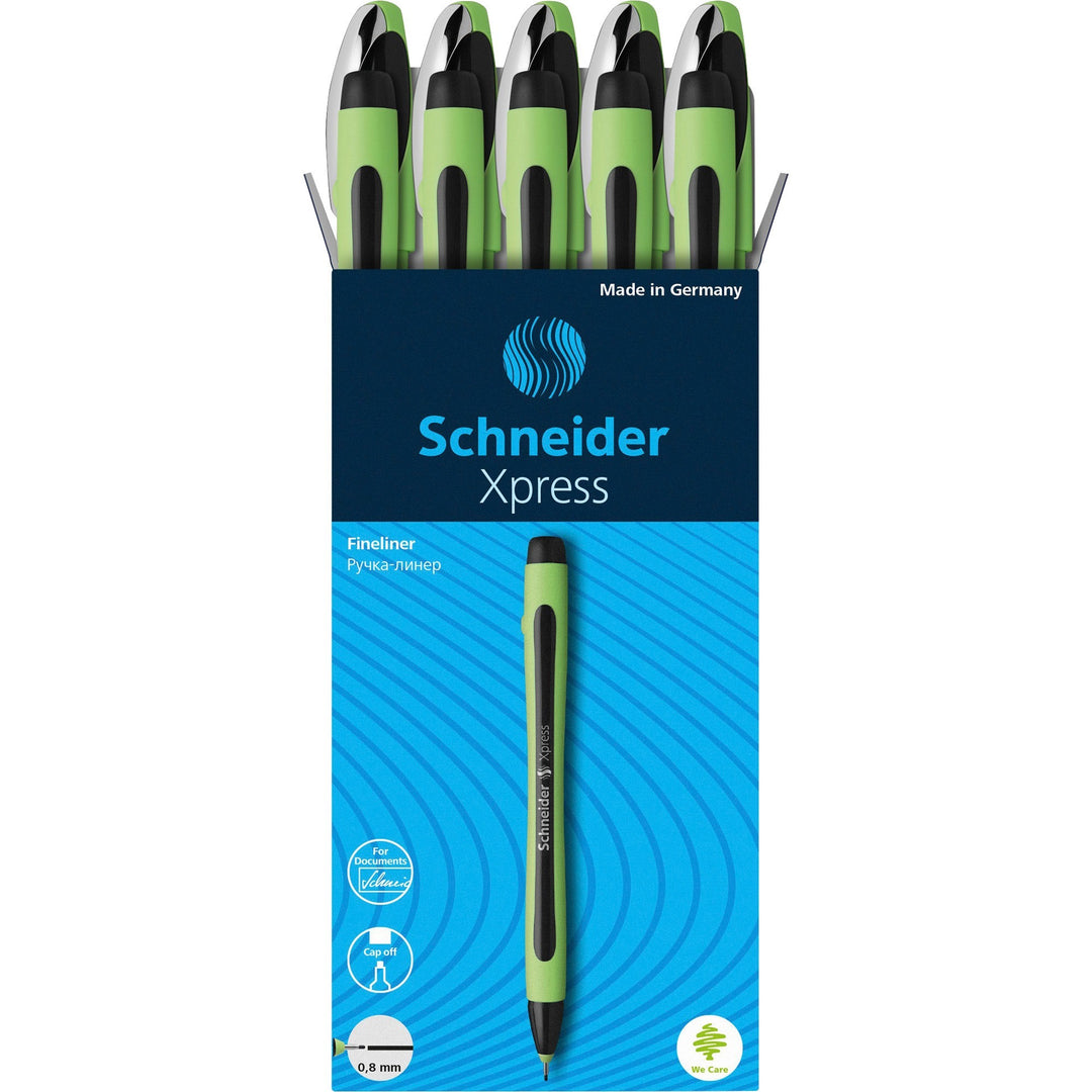 Image of Schneider® Xpress Fineliner Porous Point Pen, Stick, Medium 0.8 Mm, Black Ink, Black/green Barrel, 10/box