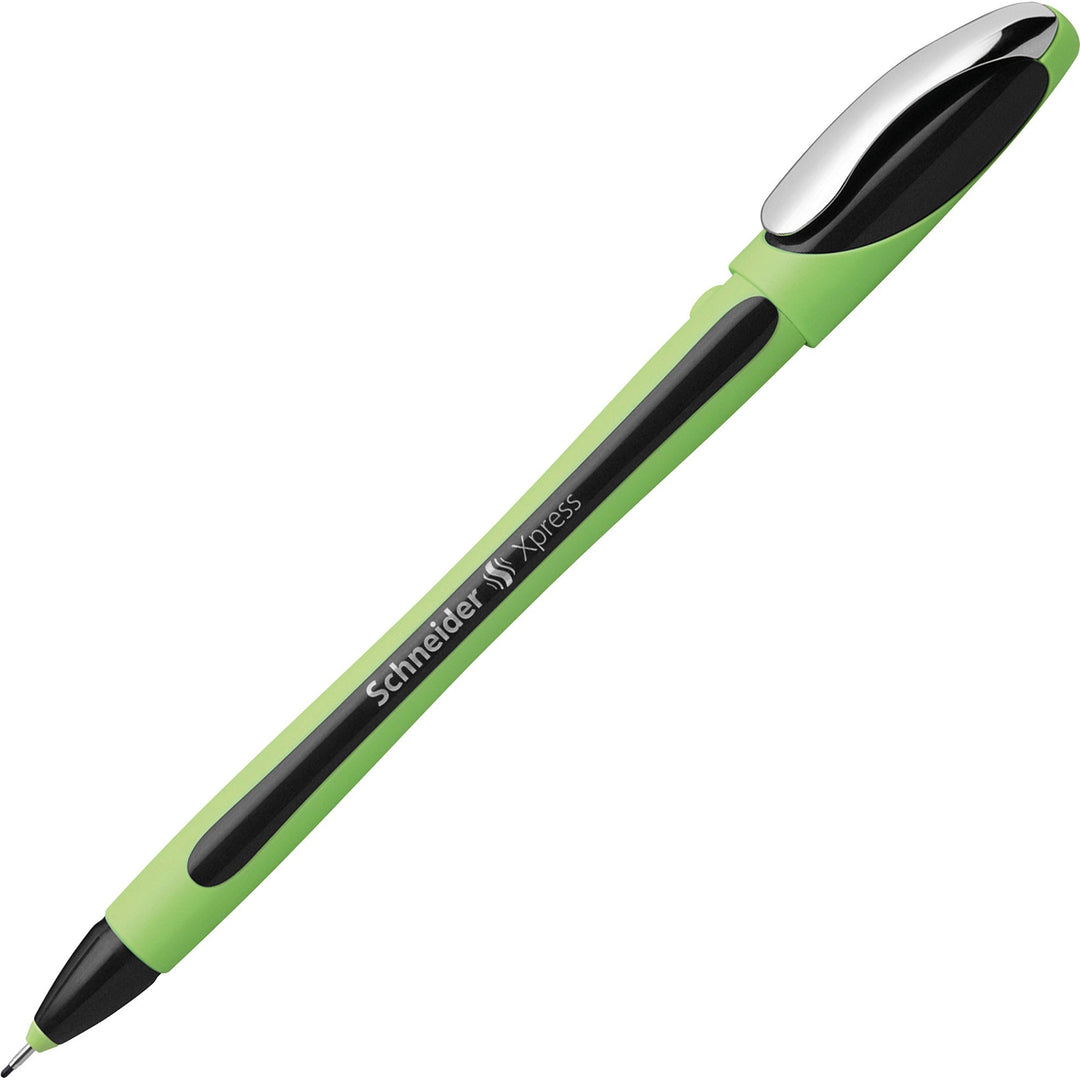Image of Schneider 190001 Xpress Fineliner Pen, 0.8 mm Medium Pen Point, Black Ink, Black Rubberized, Green Barrel, Stainless Steel Tip, 10 / Pack