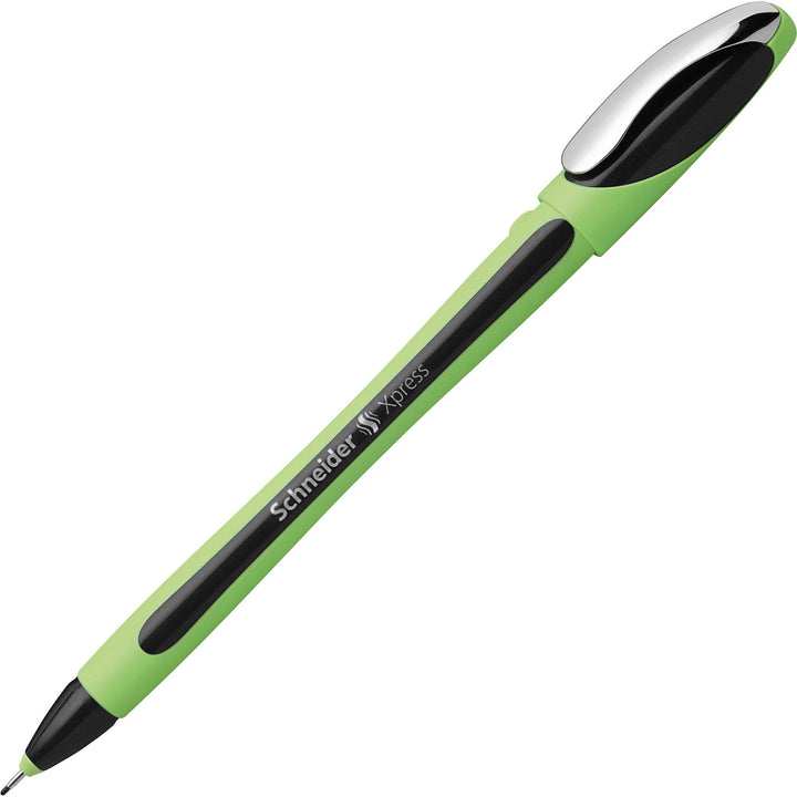 Image of Schneider 190001 Xpress Fineliner Pen, 0.8 mm Medium Pen Point, Black Ink, Black Rubberized, Green Barrel, Stainless Steel Tip, 10 / Pack