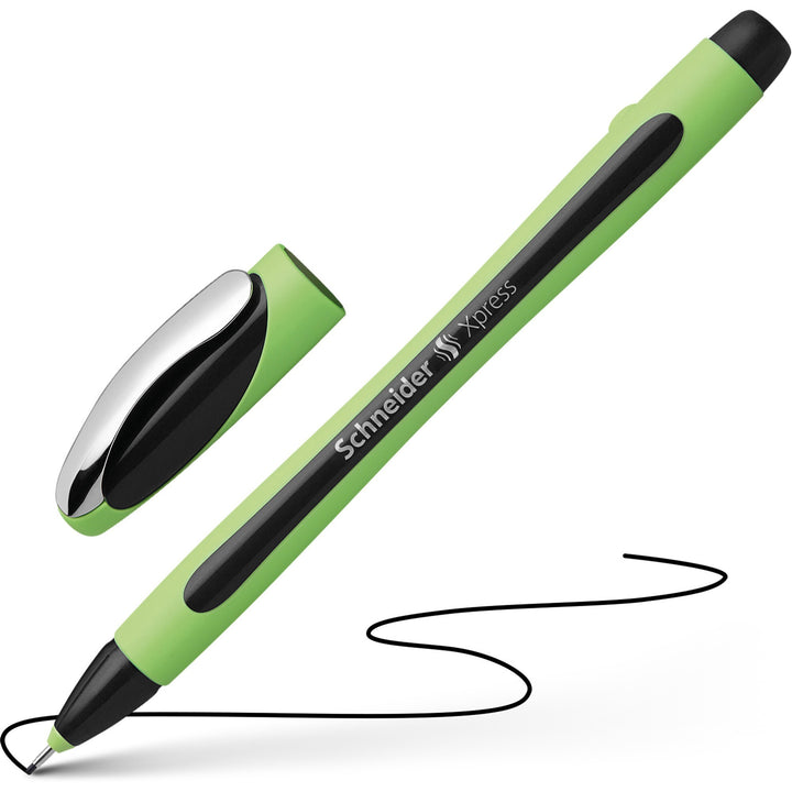 Image of Schneider 190001 Xpress Fineliner Pen, 0.8 mm Medium Pen Point, Black Ink, Black Rubberized, Green Barrel, Stainless Steel Tip, 10 / Pack