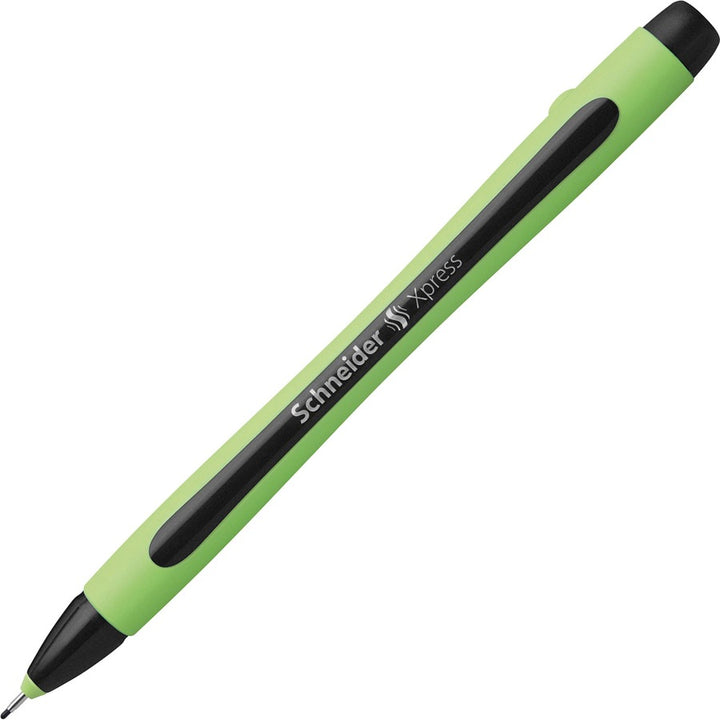 Image of Schneider 190001 Xpress Fineliner Pen, 0.8 mm Medium Pen Point, Black Ink, Black Rubberized, Green Barrel, Stainless Steel Tip, 10 / Pack