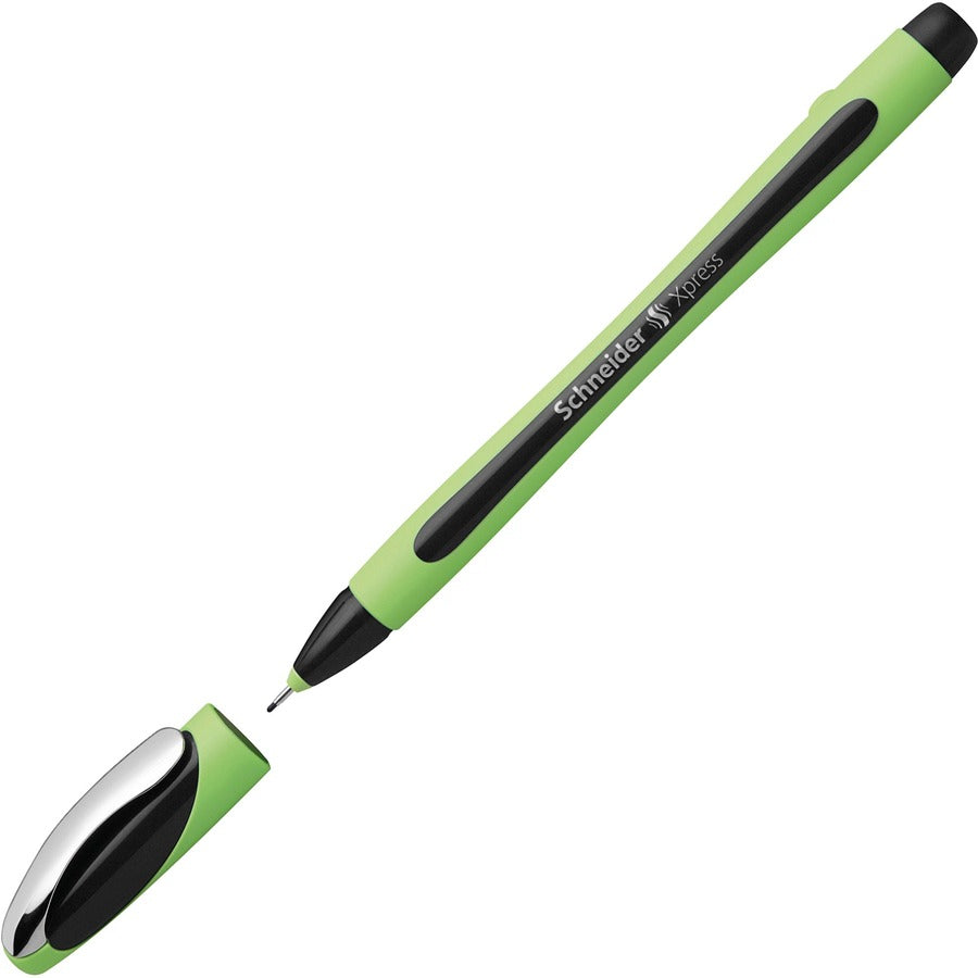 Image of Schneider 190001 Xpress Fineliner Pen, 0.8 mm Medium Pen Point, Black Ink, Black Rubberized, Green Barrel, Stainless Steel Tip, 10 / Pack