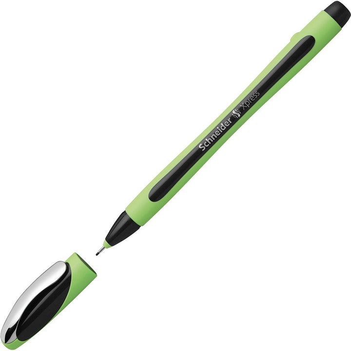 Image of Schneider 190001 Xpress Fineliner Pen, 0.8 mm Medium Pen Point, Black Ink, Black Rubberized, Green Barrel, Stainless Steel Tip, 10 / Pack