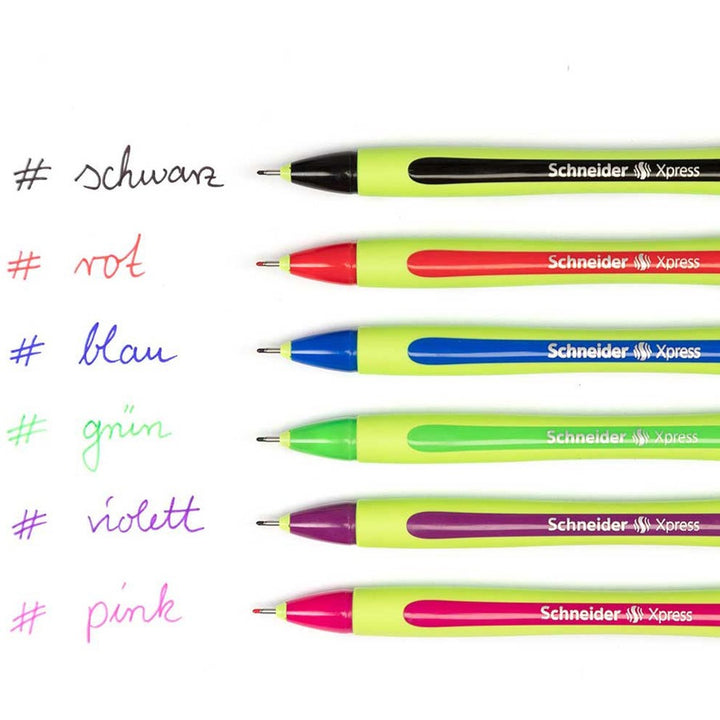 Image of Schneider 190001 Xpress Fineliner Pen, 0.8 mm Medium Pen Point, Black Ink, Black Rubberized, Green Barrel, Stainless Steel Tip, 10 / Pack