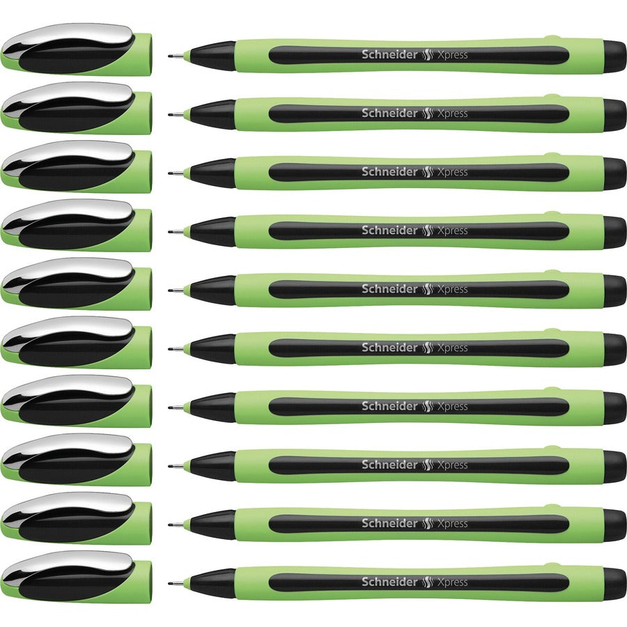 Image of Schneider 190001 Xpress Fineliner Pen, 0.8 mm Medium Pen Point, Black Ink, Black Rubberized, Green Barrel, Stainless Steel Tip, 10 / Pack