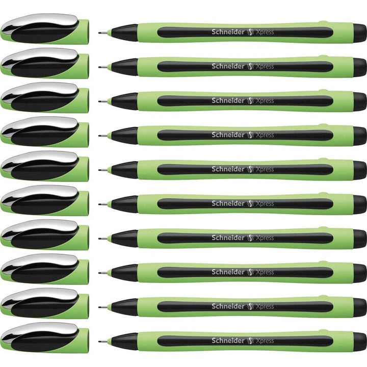 Image of Schneider 190001 Xpress Fineliner Pen, 0.8 mm Medium Pen Point, Black Ink, Black Rubberized, Green Barrel, Stainless Steel Tip, 10 / Pack