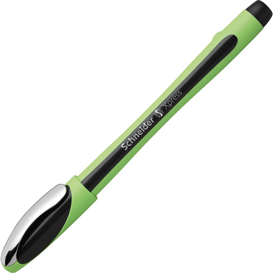Image of Schneider 190001 Xpress Fineliner Pen, 0.8 mm Medium Pen Point, Black Ink, Black Rubberized, Green Barrel, Stainless Steel Tip, 10 / Pack
