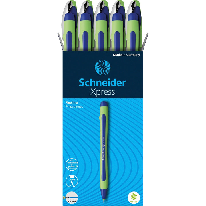 Image of Schneider® Xpress Fineliner Porous Point Pen, Stick, Medium 0.8 Mm, Blue Ink, Blue/green Barrel, 10/box
