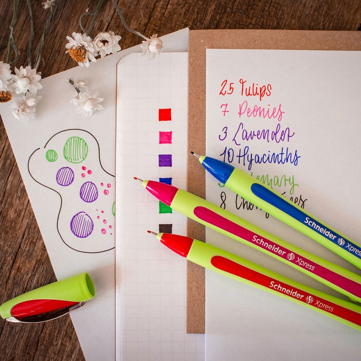 Image of Schneider® Xpress Fineliner Porous Point Pen, Stick, Medium 0.8 Mm, Blue Ink, Blue/green Barrel, 10/box