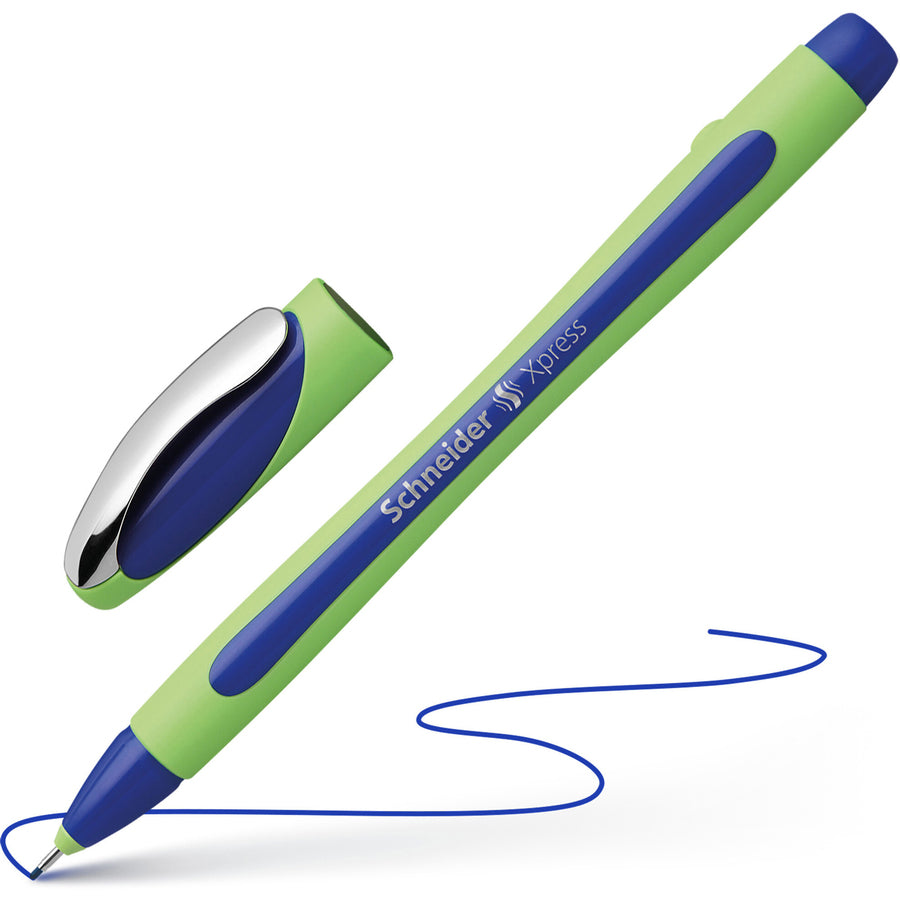 Image of Schneider 190003 Xpress Fineliner Pen, 0.8 mm Medium Pen Point, Blue Ink, Blue Rubberized, Green Barrel, Stainless Steel Tip, 10 / Pack