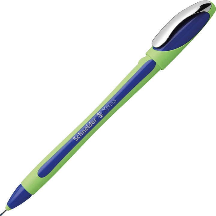 Image of Schneider 190003 Xpress Fineliner Pen, 0.8 mm Medium Pen Point, Blue Ink, Blue Rubberized, Green Barrel, Stainless Steel Tip, 10 / Pack