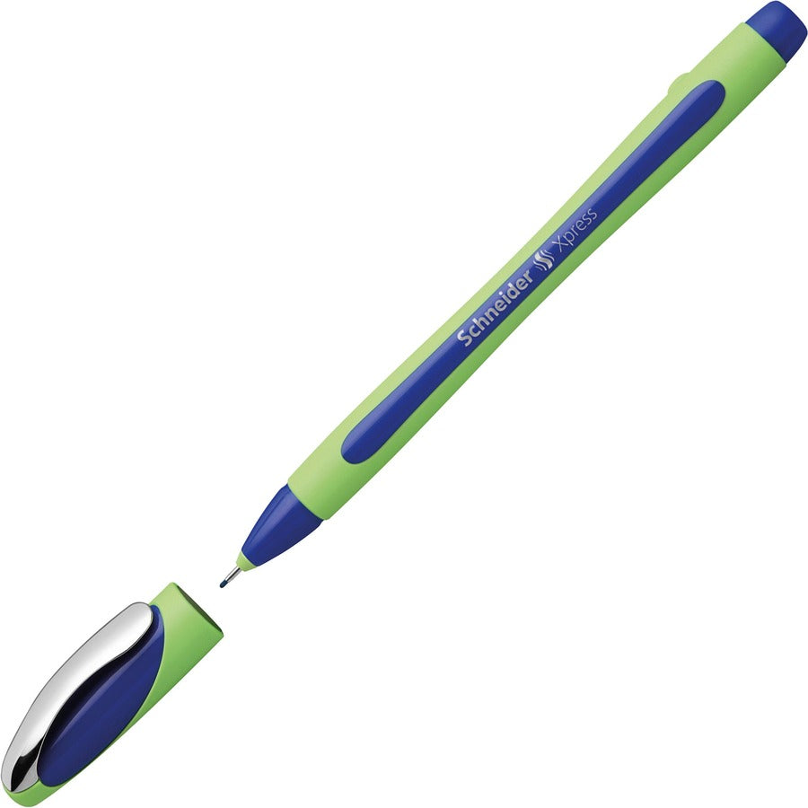 Image of Schneider 190003 Xpress Fineliner Pen, 0.8 mm Medium Pen Point, Blue Ink, Blue Rubberized, Green Barrel, Stainless Steel Tip, 10 / Pack