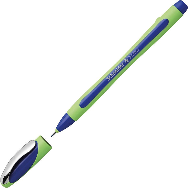 Image of Schneider 190003 Xpress Fineliner Pen, 0.8 mm Medium Pen Point, Blue Ink, Blue Rubberized, Green Barrel, Stainless Steel Tip, 10 / Pack