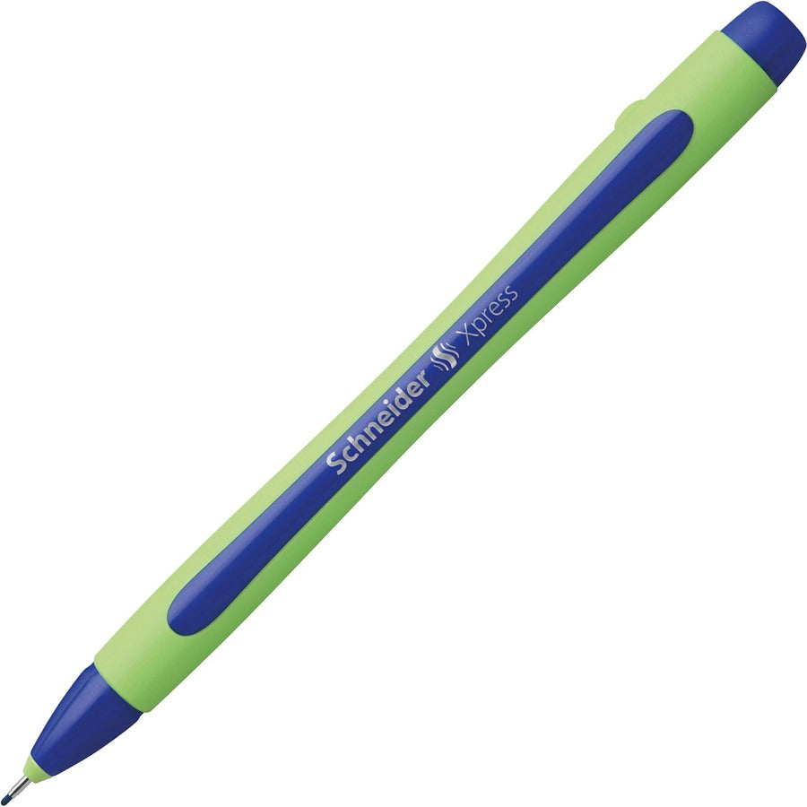Image of Schneider 190003 Xpress Fineliner Pen, 0.8 mm Medium Pen Point, Blue Ink, Blue Rubberized, Green Barrel, Stainless Steel Tip, 10 / Pack