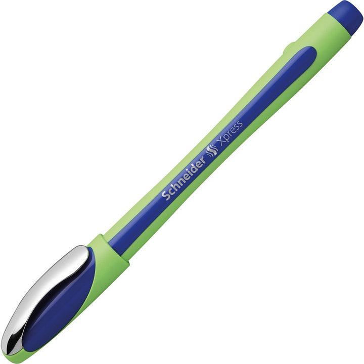 Image of Schneider 190003 Xpress Fineliner Pen, 0.8 mm Medium Pen Point, Blue Ink, Blue Rubberized, Green Barrel, Stainless Steel Tip, 10 / Pack