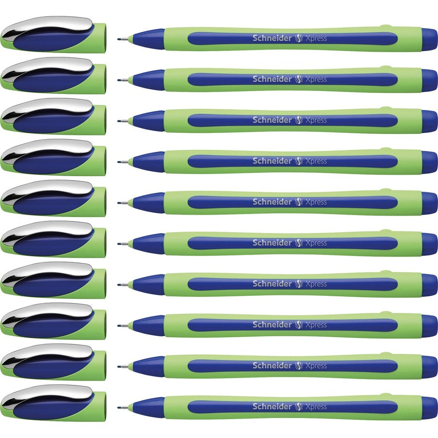 Image of Schneider 190003 Xpress Fineliner Pen, 0.8 mm Medium Pen Point, Blue Ink, Blue Rubberized, Green Barrel, Stainless Steel Tip, 10 / Pack