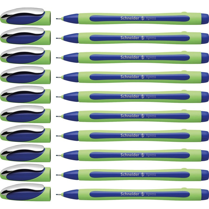 Image of Schneider 190003 Xpress Fineliner Pen, 0.8 mm Medium Pen Point, Blue Ink, Blue Rubberized, Green Barrel, Stainless Steel Tip, 10 / Pack