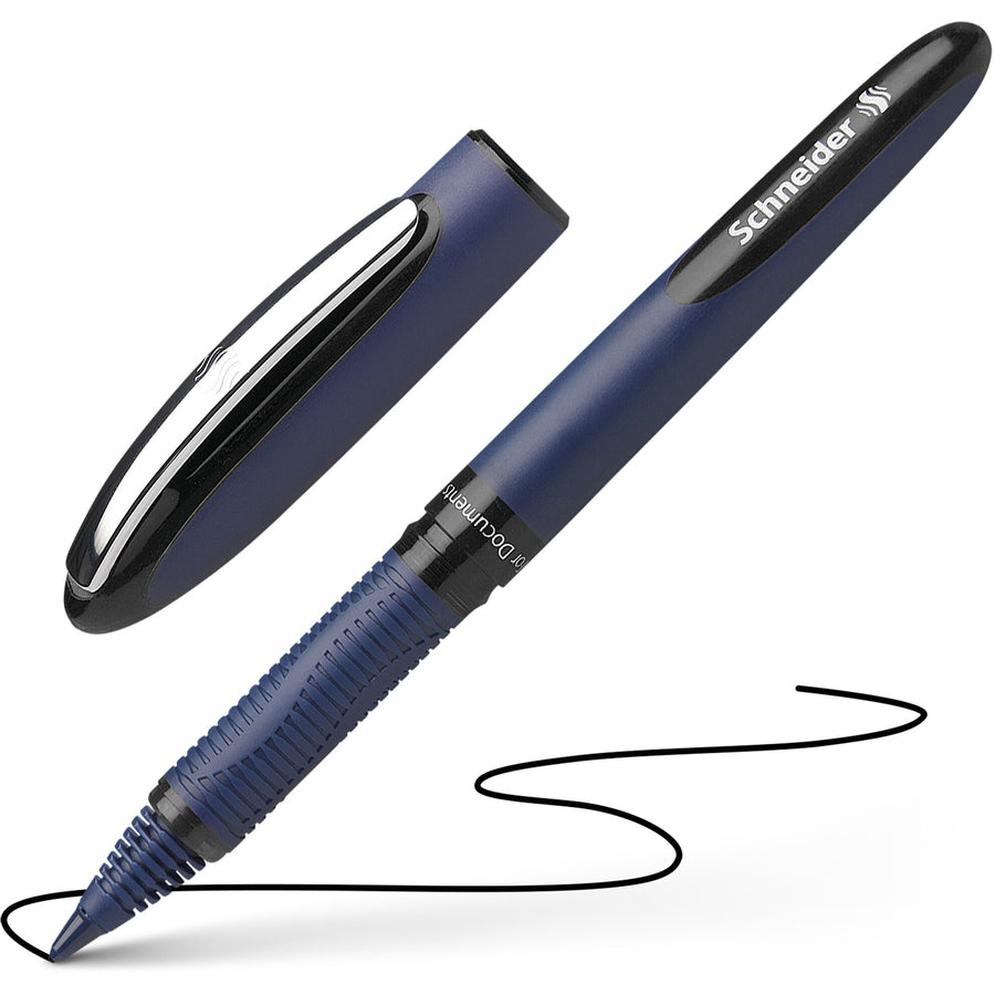 Image of Schneider 183001 One Business Rollerball, 0.6 mm Medium Pen Point, Black Ink, Black, Dark Blue Barrel, 10 / Pack