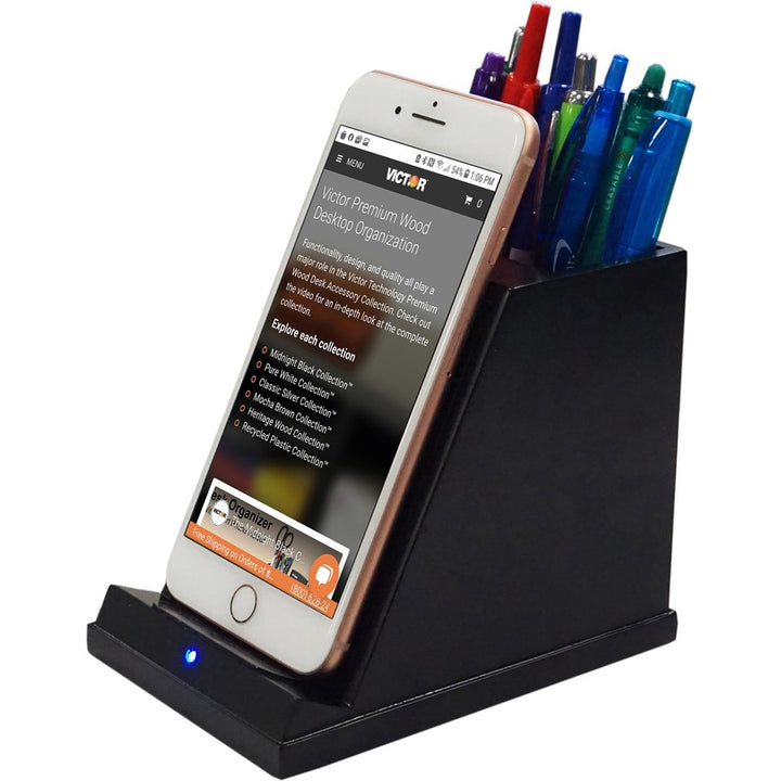 Image of Victor® Phone Charger, w/Pencil Cup, Wireless, 4.6"x5.4"x3.7", BK