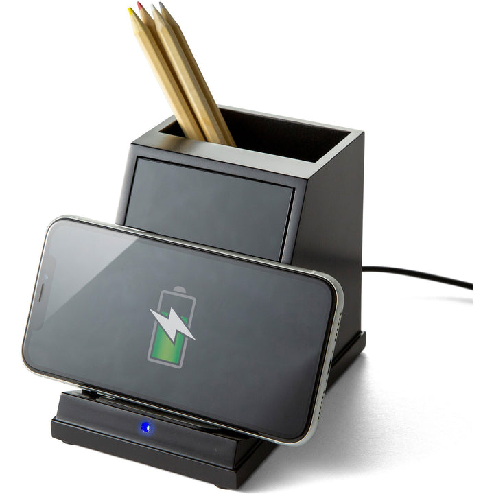 Image of Victor® Phone Charger, w/Pencil Cup, Wireless, 4.6"x5.4"x3.7", BK